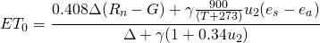 \[ ET_0=\frac{0.408\Delta(R_n-G)+\gamma\frac{900}{(T+273)}u_2(e_s-e_a)}{\Delta+\gamma(1+0.34u_2)} \]