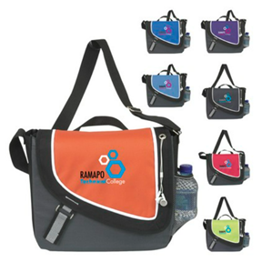 Image of grey Messenger Bag with orange top flap; six smaller bags are to the side with different colored flaps