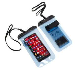 Image of two clear plastic pouches on lanyards; inside the pouches are smart phones