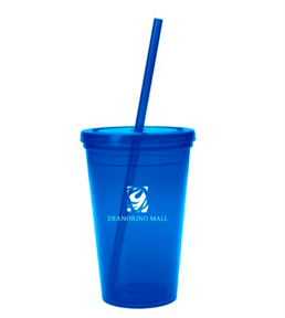 Image of blue plastic tumbler with white brand and blue straw