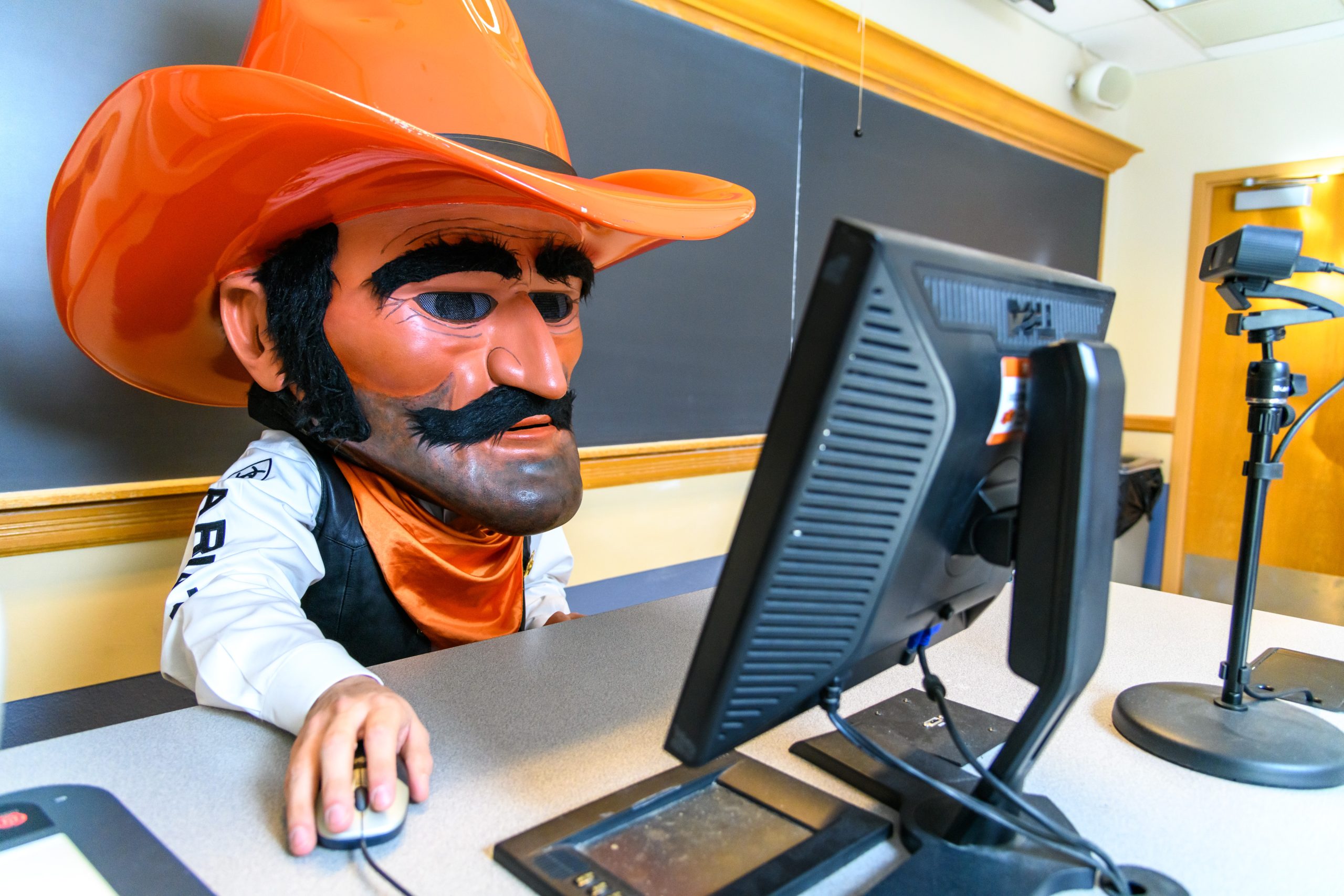 Pistol Pete sits at a desk while using a computer.