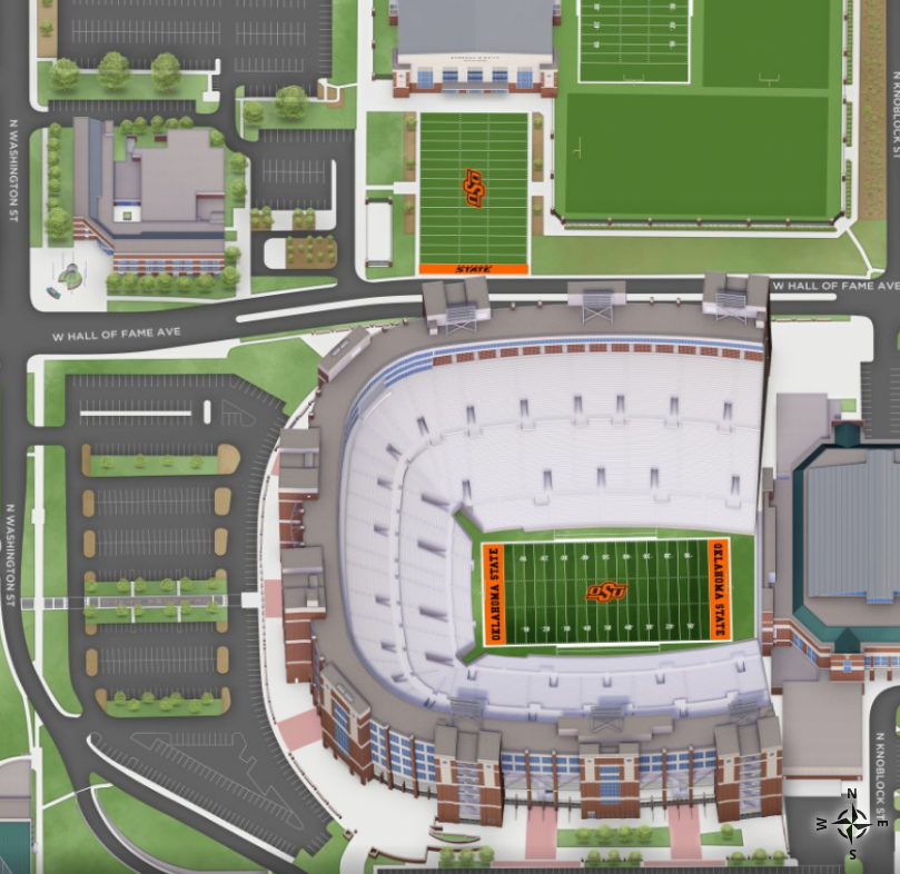 A map of Boone Pickens Stadium at Oklahoma State University.