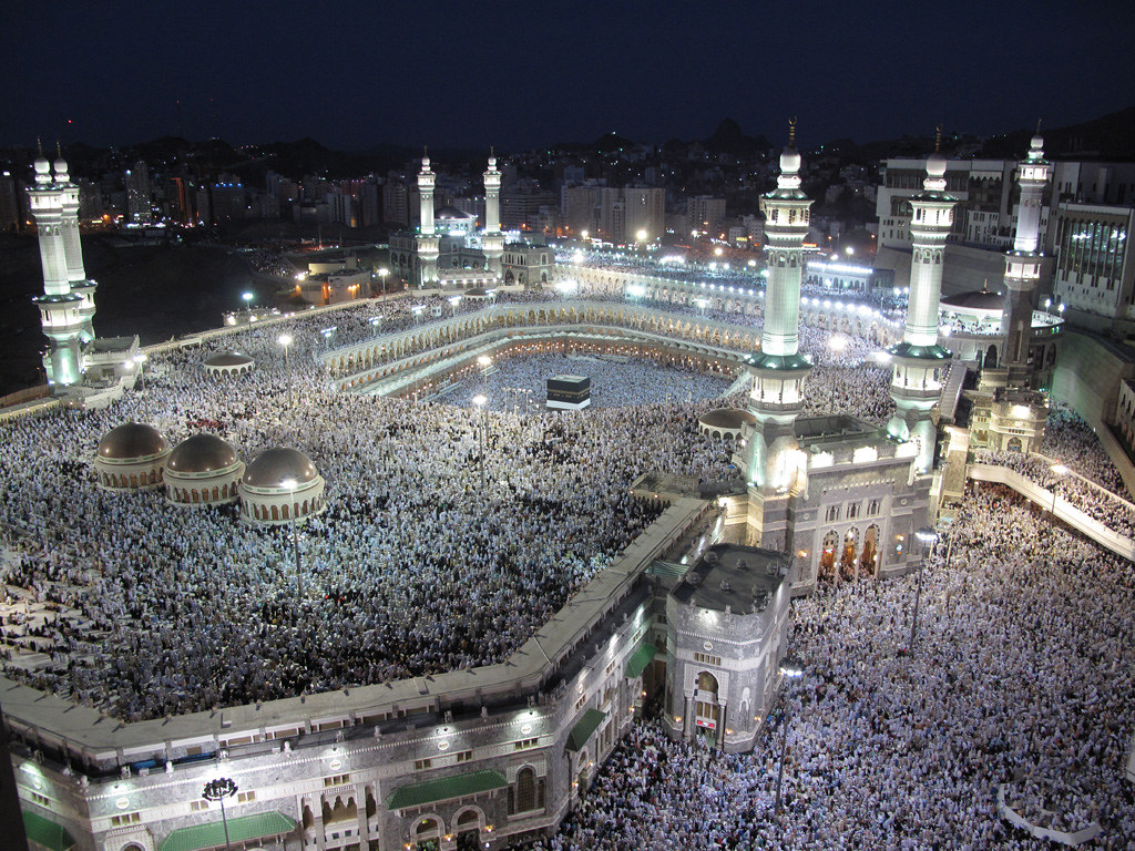 Worshippers flood the Grand mosque, its roof, and all the areas around it during night prayers in Mecca.