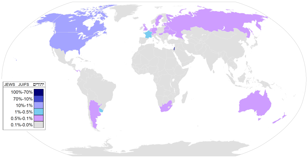 Map of the distribution of Jews in the world. Countries are colored showing the density of their Jewish populations.