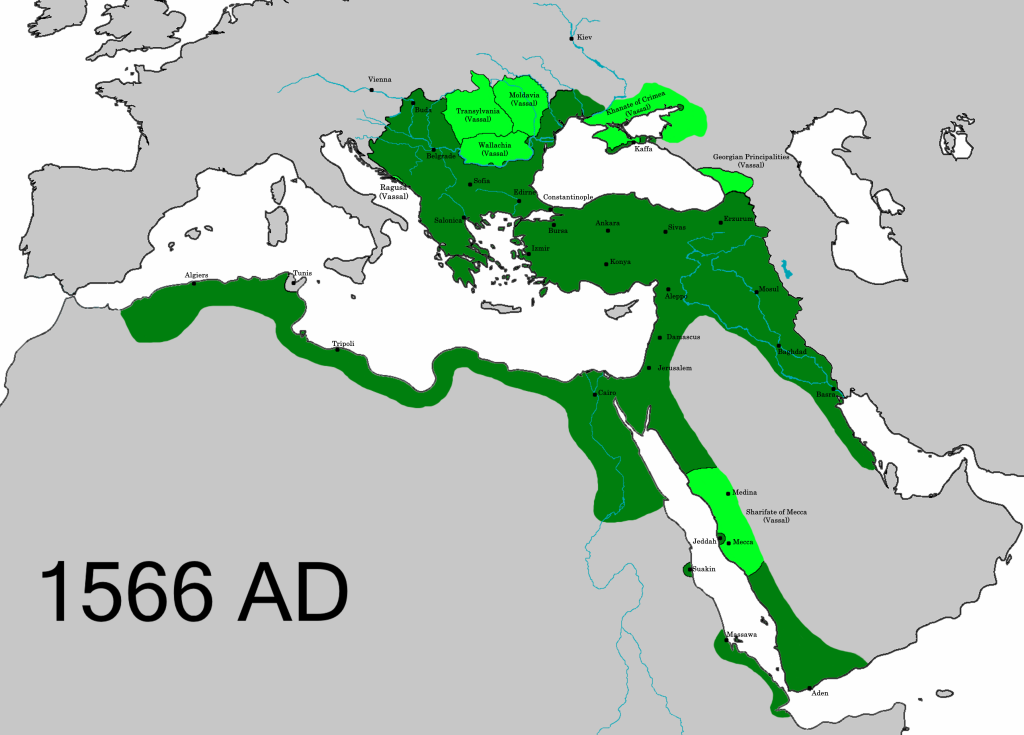 A map of Europe and north Africa showing the Ottoman Empire in 1566.