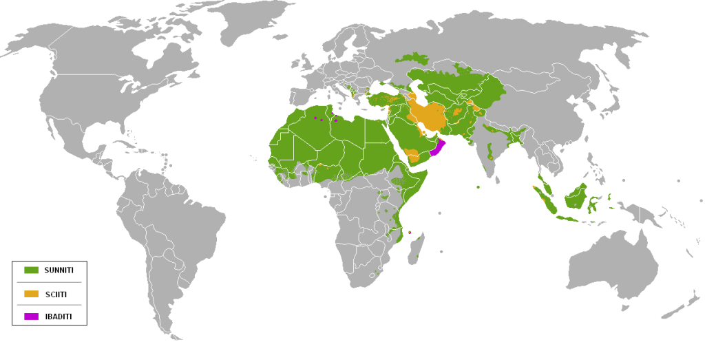 The distribution of the predominant Islamic sectarian affiliations followed in majority-Muslim countries and regions.