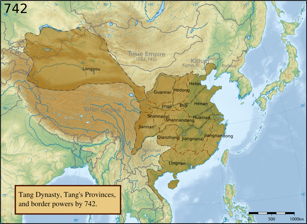 A map of the Tang Dynasty, Tang's Povinces, and border powers by 742.