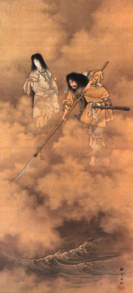 Painting by Eitaku Kobayashi showing Izanami and Izanagi consolidating the land with the spear &quot;Ama-no-Nuboko&quot;