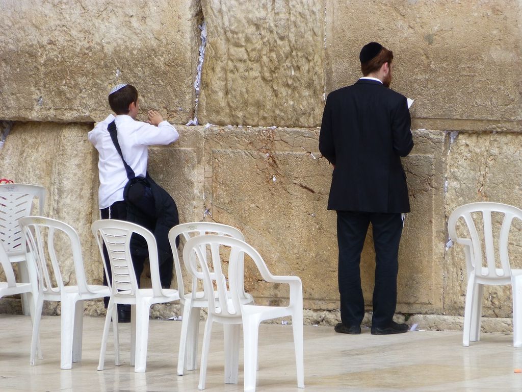 Two men standing at the Wailing Wall in East Jerusalem.