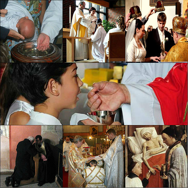 A collage showing the seven sacraments of the Christian church: Baptism, Confirmation, Matrimony, Eucharist, Penance, Holy Orders and the Anointing of the Sick.