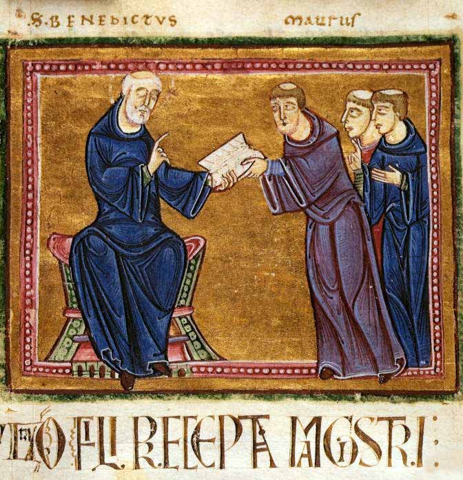 A painting of St. Benedict delivering his rule to the monks of his order.