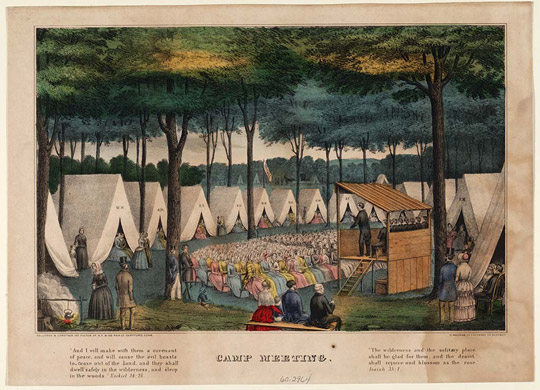 Colored print of a man preaching to a large group of men and women at Hartford, Connecticut, seated separately by gender on benches. In the background and on the side are tents with women seated in their openings. Eight men are seated on the platform behind the preacher. The tents are labeled with initials with the exception of one that says "4St". Two verses from the Bible appear below the image on each side of the title.