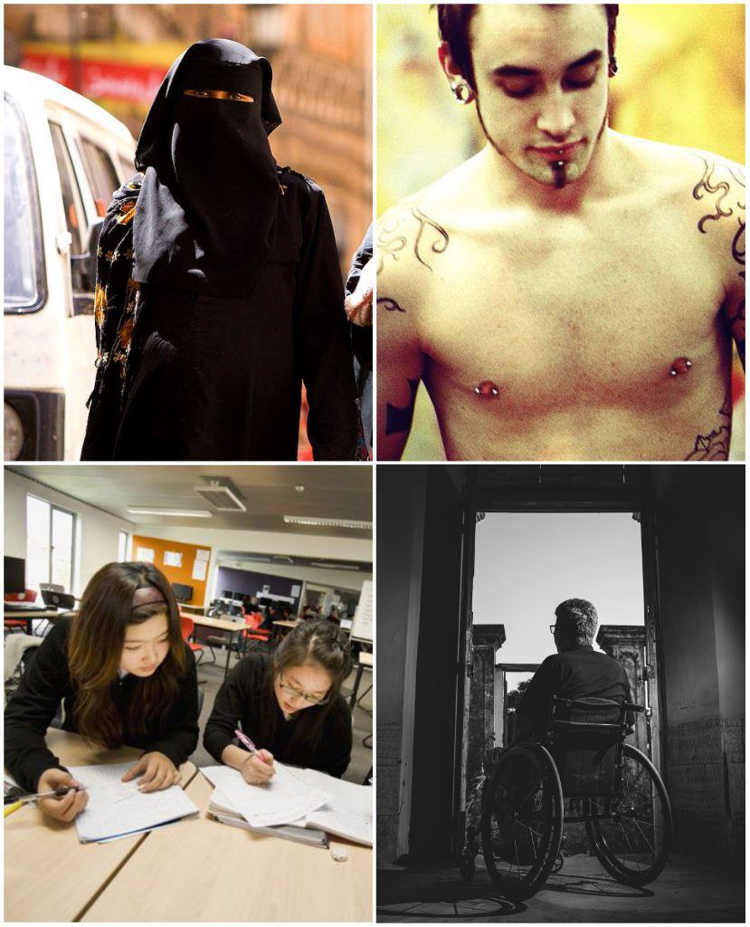 A collage consisting of a woman wearing a burka, a man with face and body piercings, two women studying, and a man in a wheelchair.