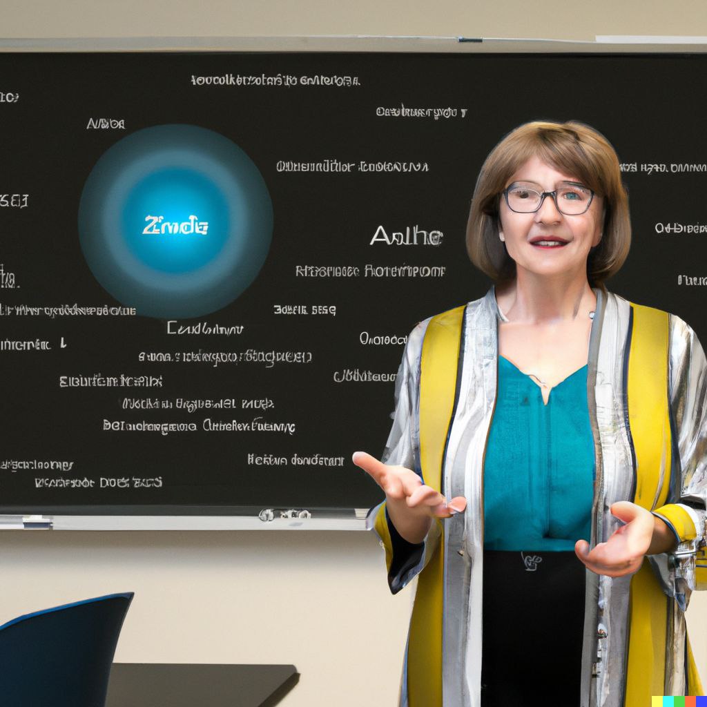 A white woman in a yellow jacket and blue shirt wearing glasses with short brown hair, standing in front of a blackboard with AI generated fake words on the board with a blue circle in the center of the board.