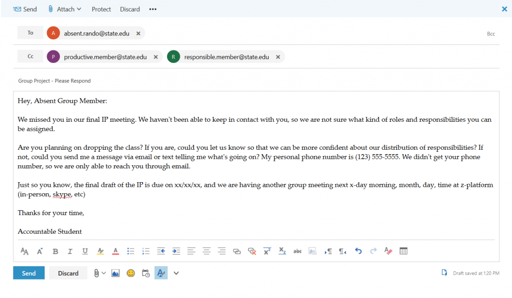 Example of email sent to absent group member