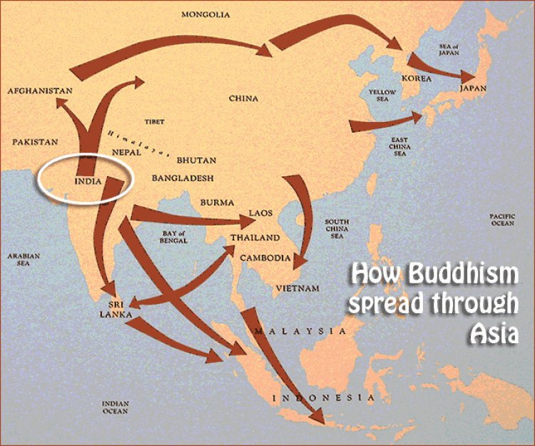 A map showing the spread of Buddhism in Asia