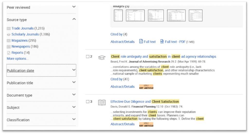 Screenshot of a ProQuest database search
