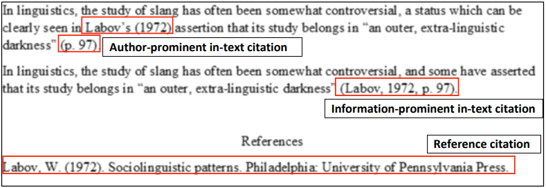 Screenshot showing three types of in-text citations: Author-Prominent, Information-Prominent, and Reference.
