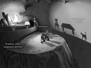 Plato's Allegory of the Cave, clear illustration in black and white